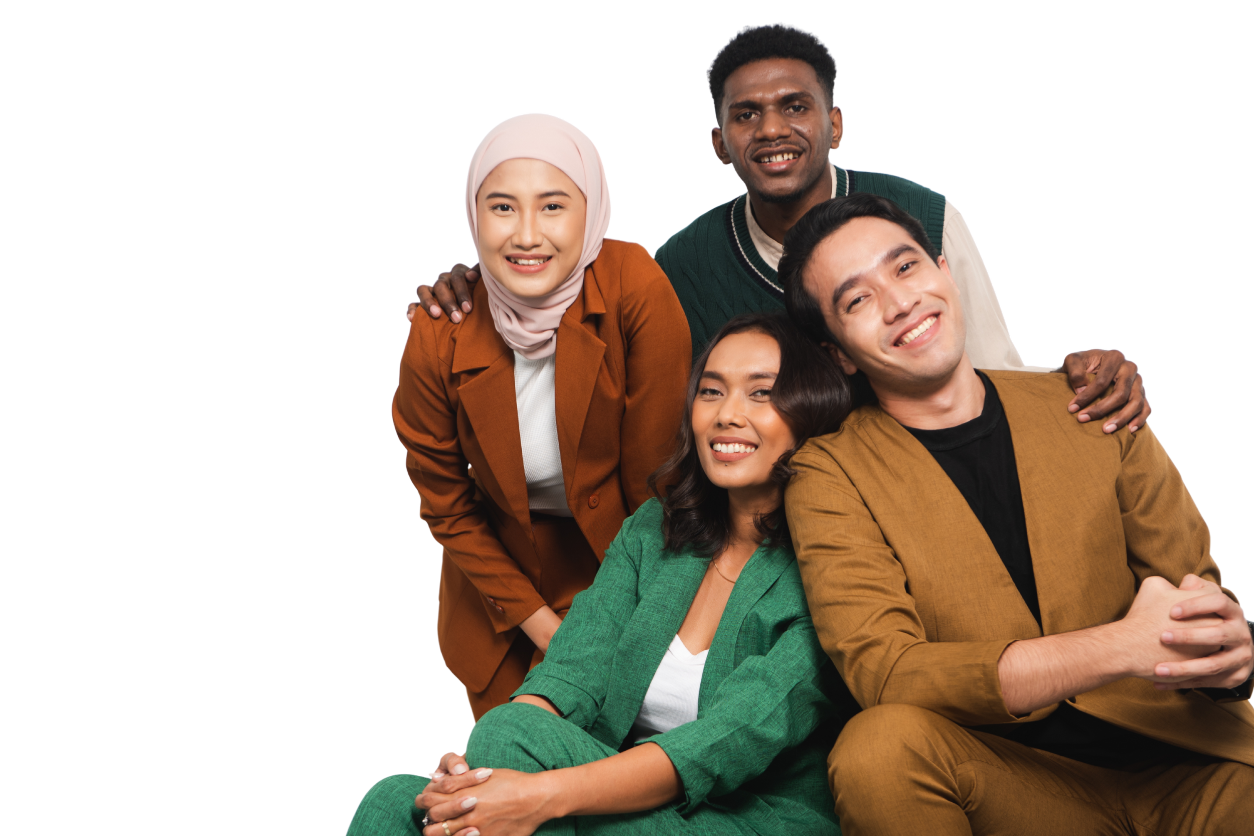 Group of five diverse young adults smiling and posing together. Four are seated, one standing behind them, against a black background.