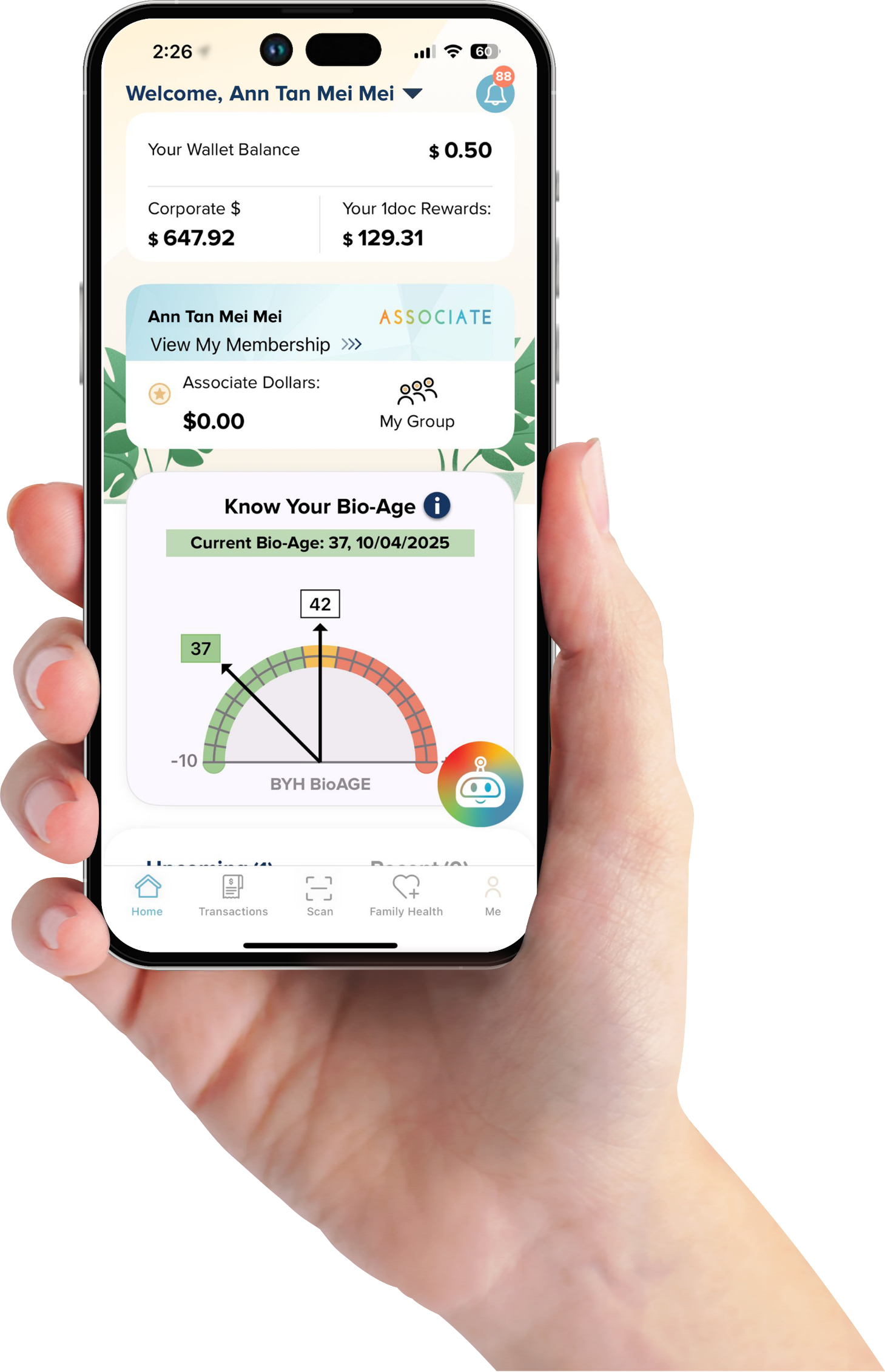 Smartphone displaying a health app with bio-age information, wallet balance, reward points, and navigation menu at the bottom.