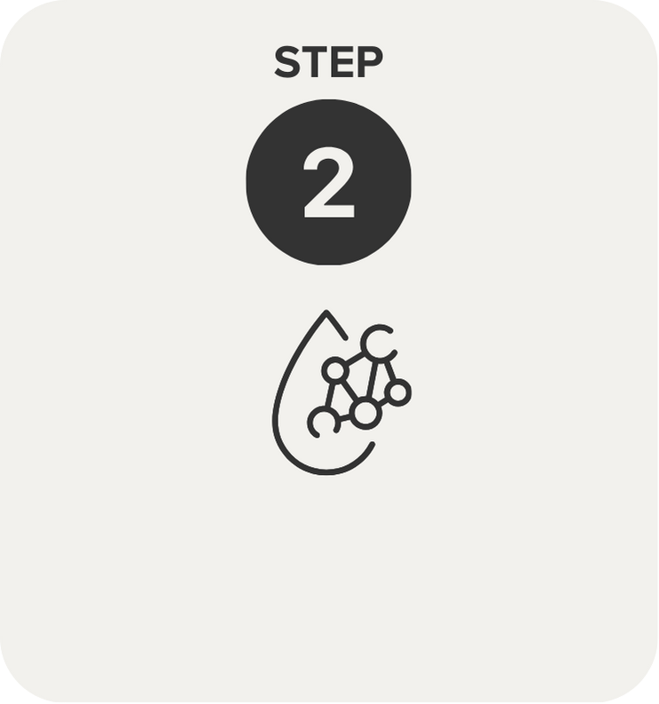 Step 2 in a process, featuring a drop-shaped icon with interconnected circles inside, resembling molecules or a network.
