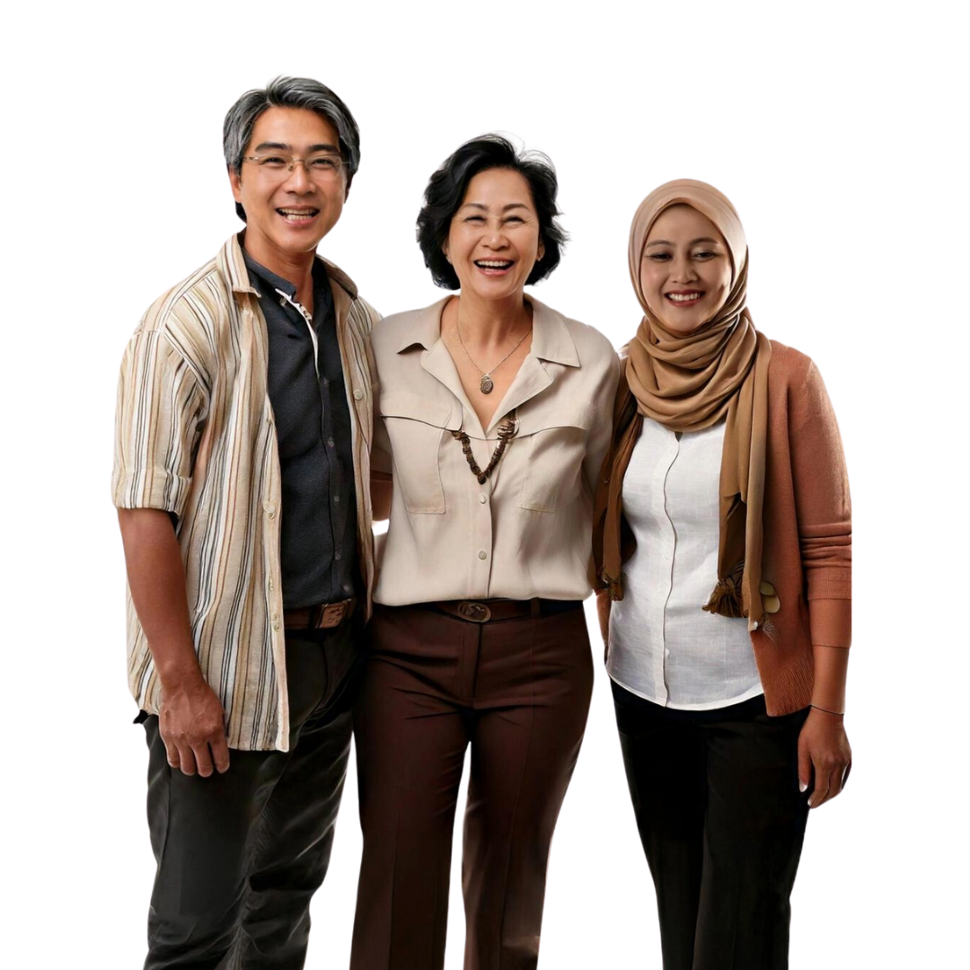 Three people, two women and one man, smiling and standing together, dressed in casual business attire.