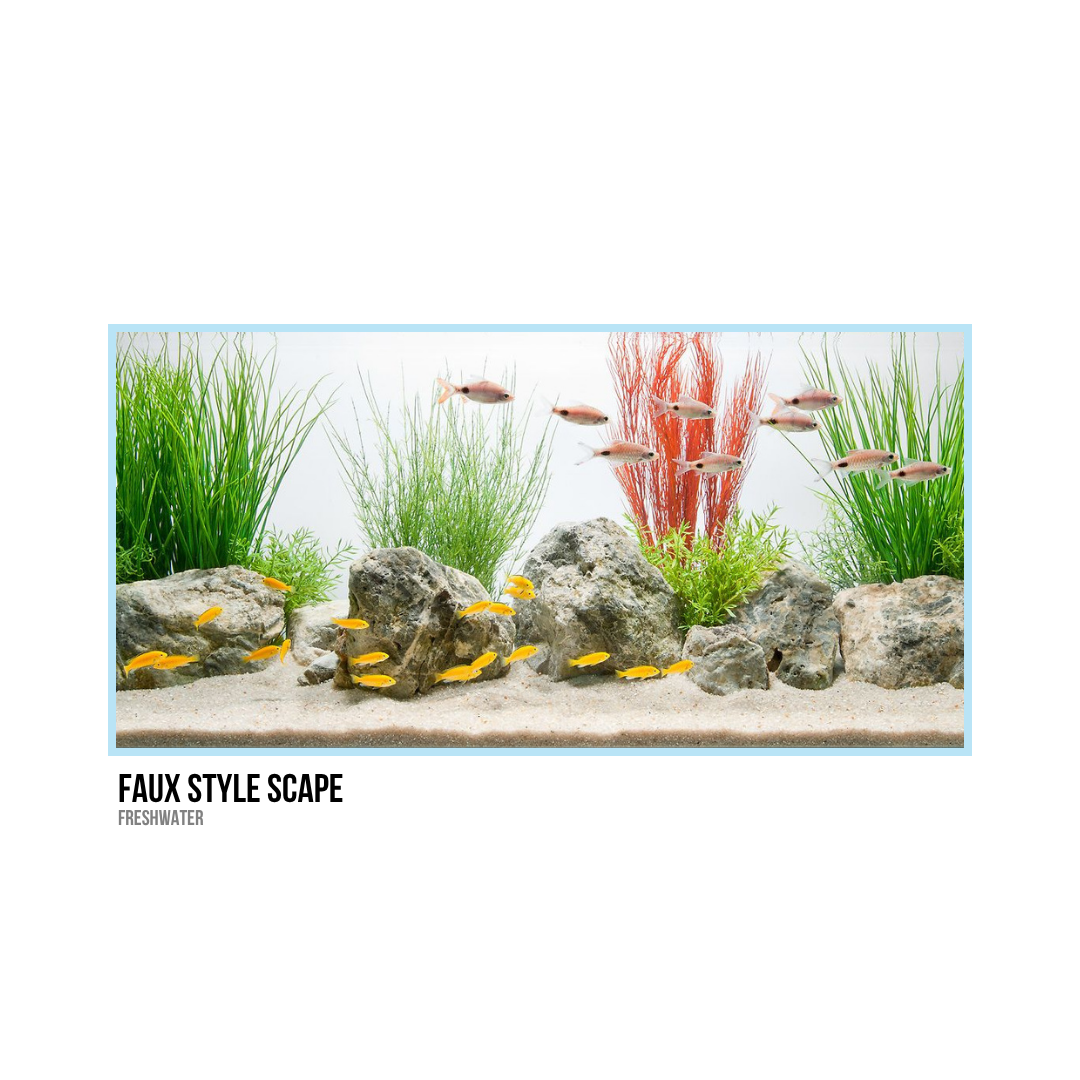 Freshwater aquarium with rocks, green plants, red moss, and small yellow and pink fish
