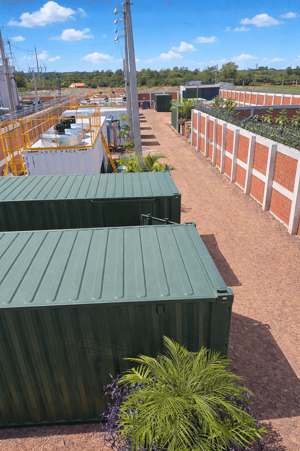 View of an outdoor area with large green shipping containers, a dirt pathway, a brick wall with white frames, various plants, and some electrical utility poles under a partly cloudy blue sky.