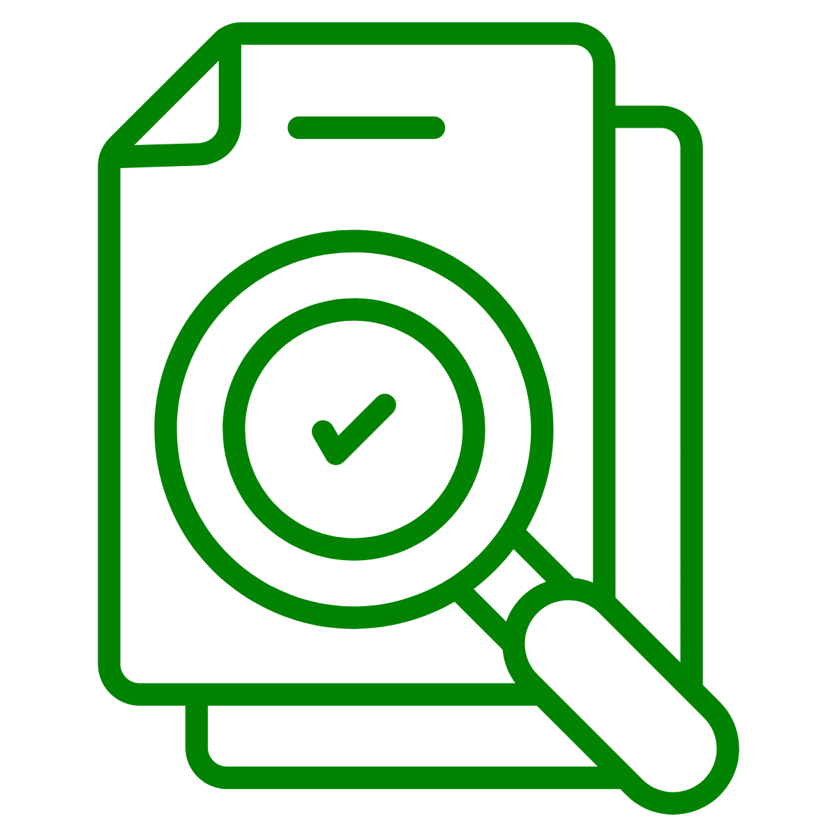 Green outline of a hard drive with a magnifying glass over a checkmark on the disk.
