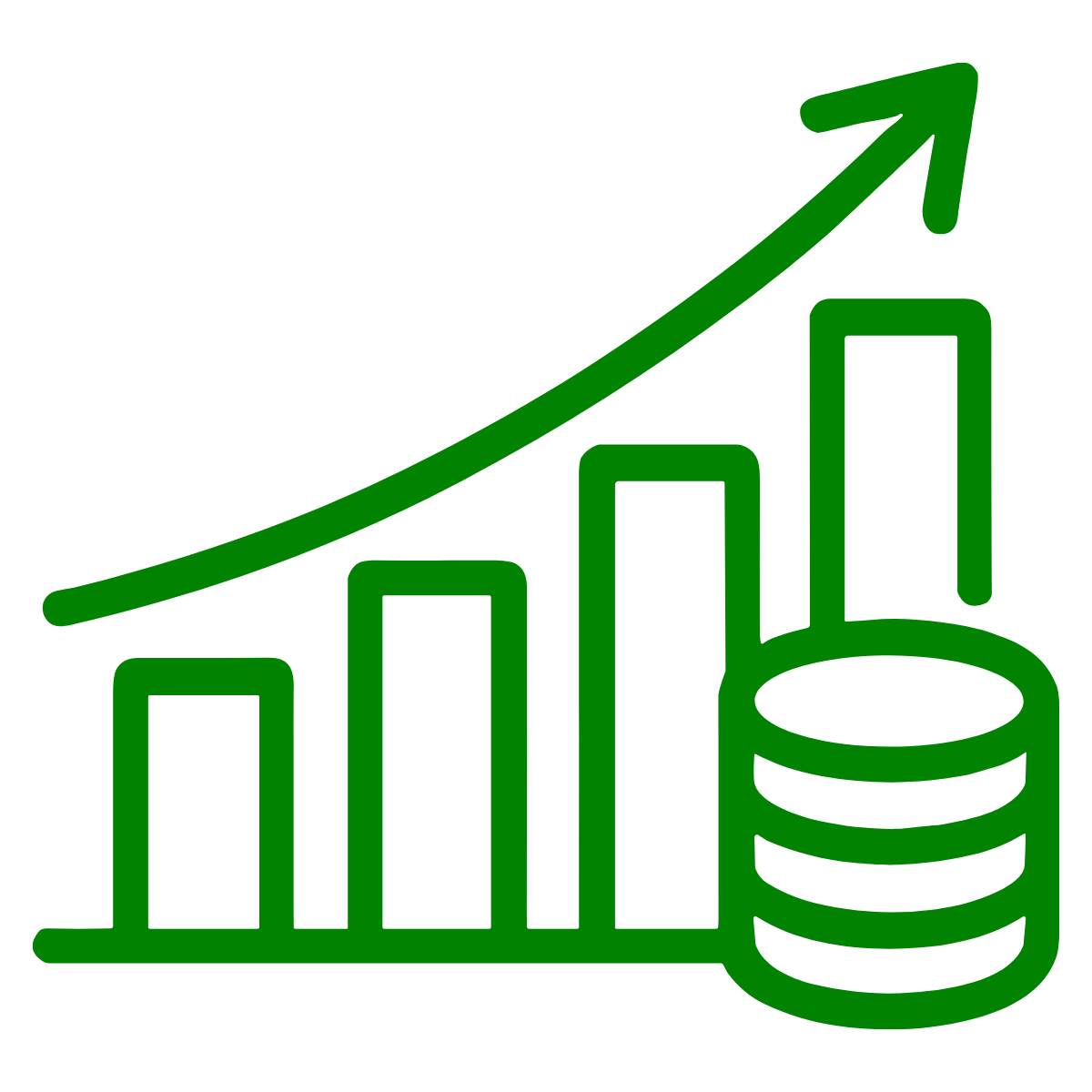 Green financial growth icon with histogram bars, upward trend line, and stacked coins.
