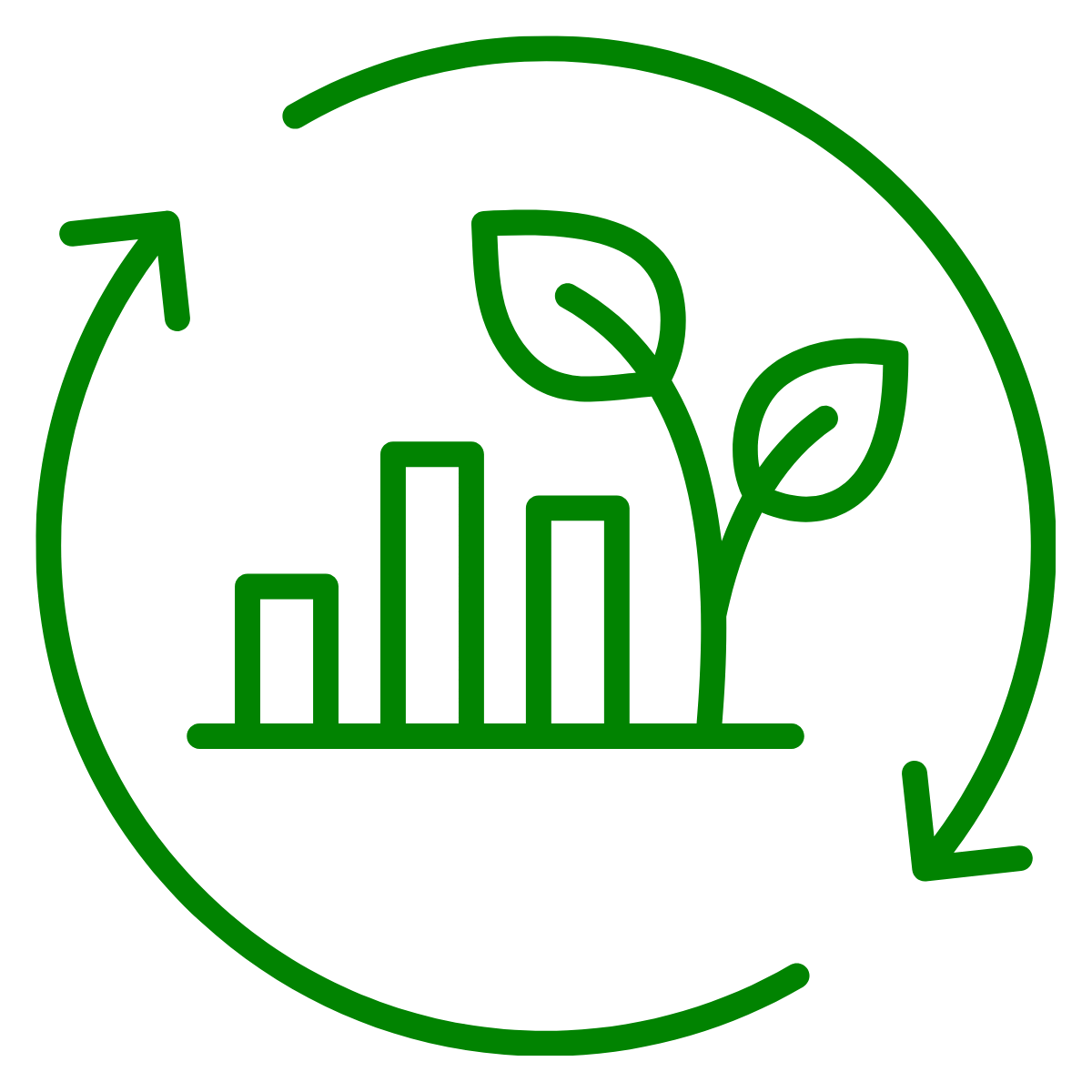 Eco-friendly icon with a bar graph and a plant inside a circular arrow, representing sustainability and environmental growth.