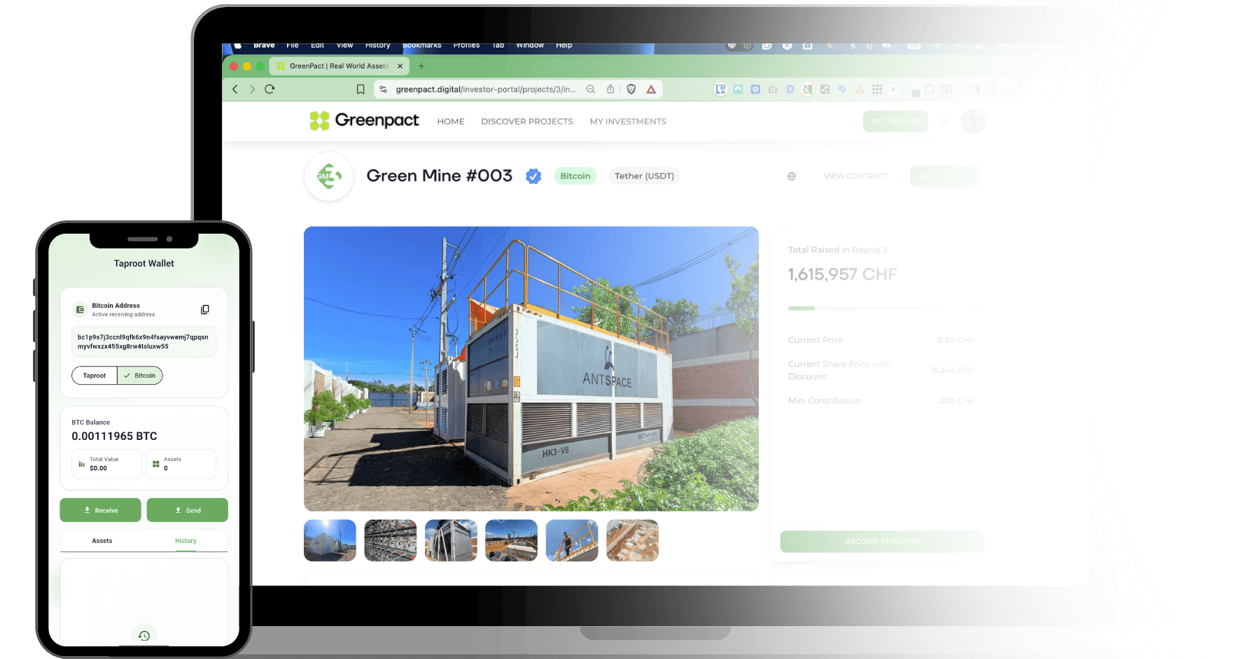 Screenshot of a mobile wallet app showing Bitcoin address and balance, alongside a computer screen displaying a Greenpact project page with an image of a modular container structure labeled 'Ant Space' and additional project details.