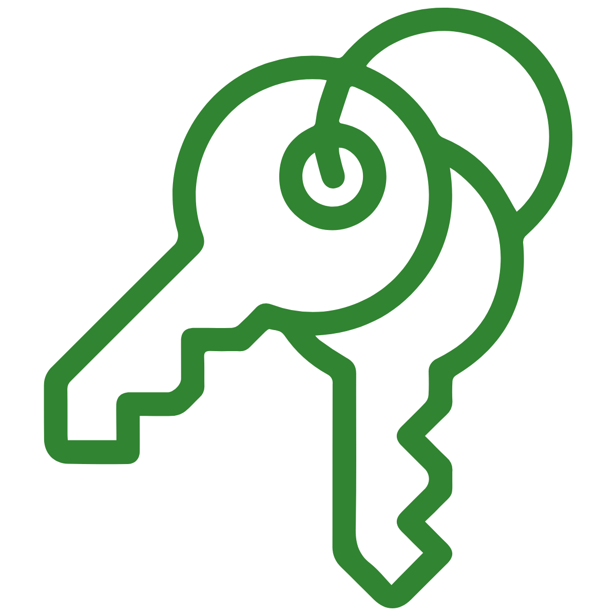 Outline of a key integrated with a paw print, both in green color.