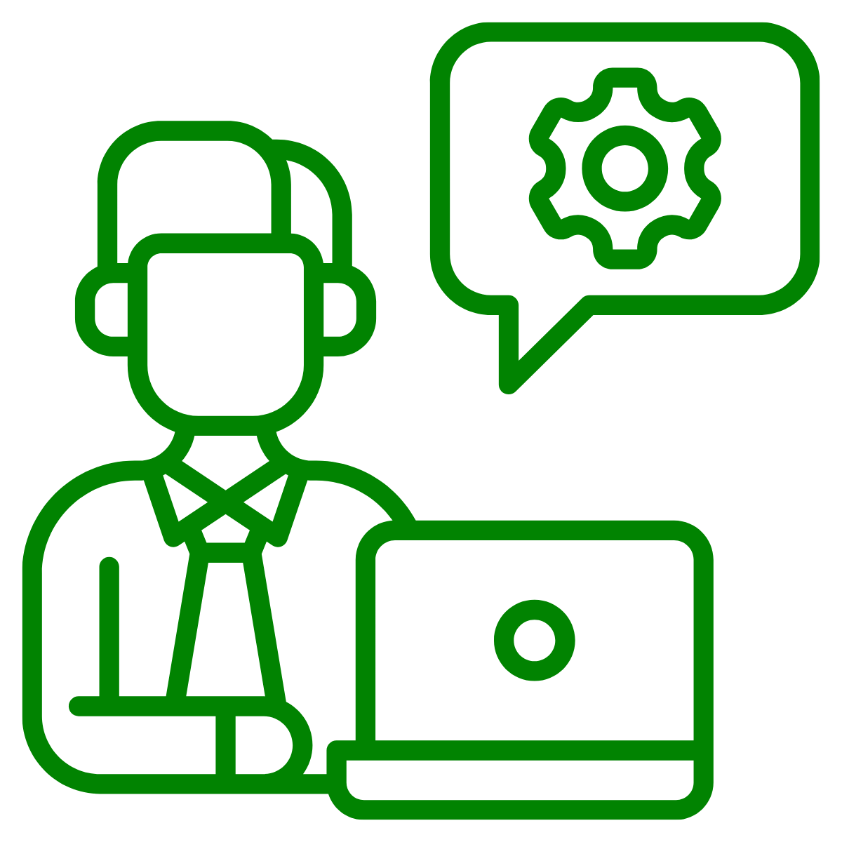 Outline drawing of a person with short hair, wearing a collared shirt and tie, sitting in front of a laptop. There is a speech bubble with a gear symbol indicating settings or technical support.