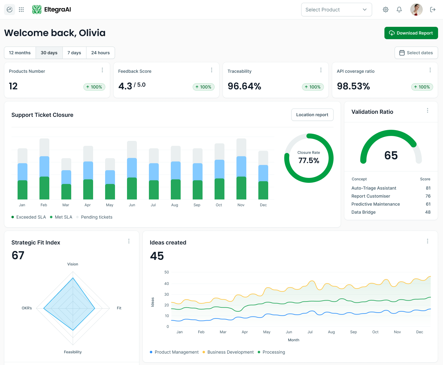 A dashboard from EltegraAI displaying company's performance metrics and analytics, including support ticket closure rates, validation ratio, strategic fit index, and ideas created with line graphs, gauge meters, and bar charts.
