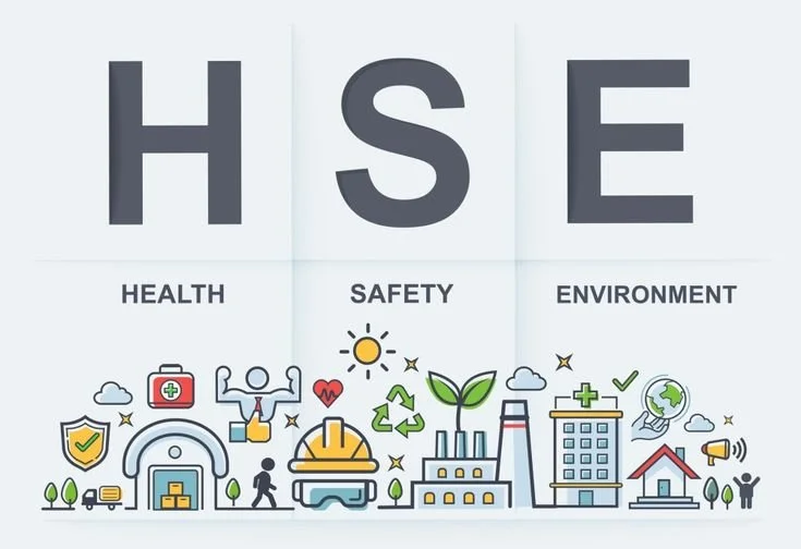 HSE stands for Health, Safety, and Environment, with icons representing health safety measures, environmental conservation, and industrial safety practices.