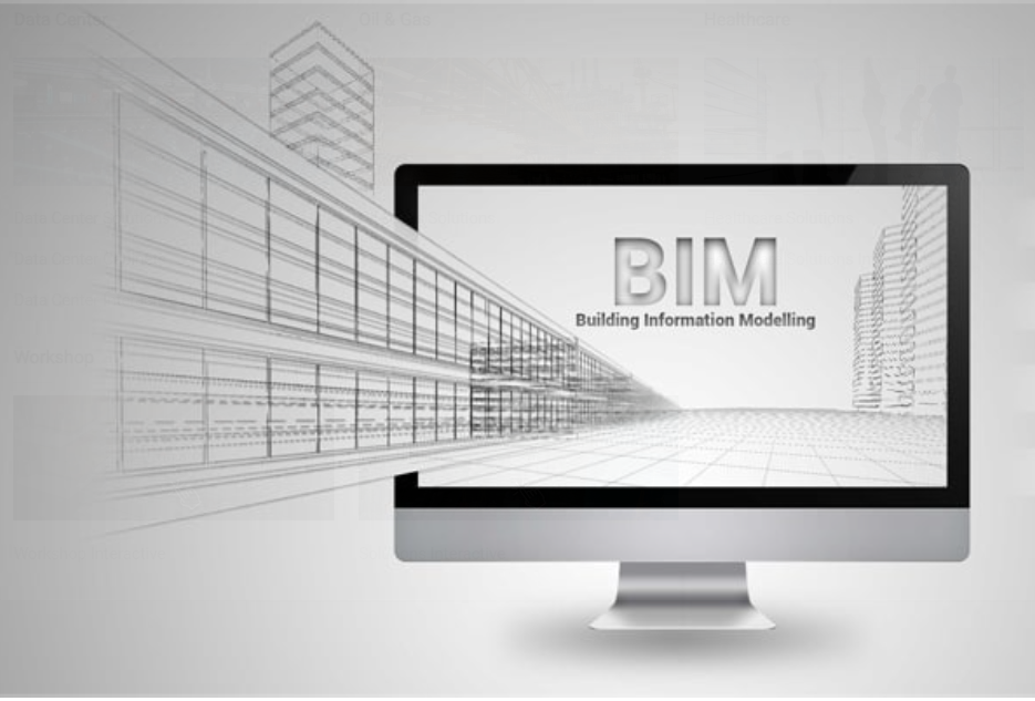 A computer monitor displaying the text 'BIM' with 'Building Information Modelling' underneath, with architectural drawings and outline of buildings in the background.