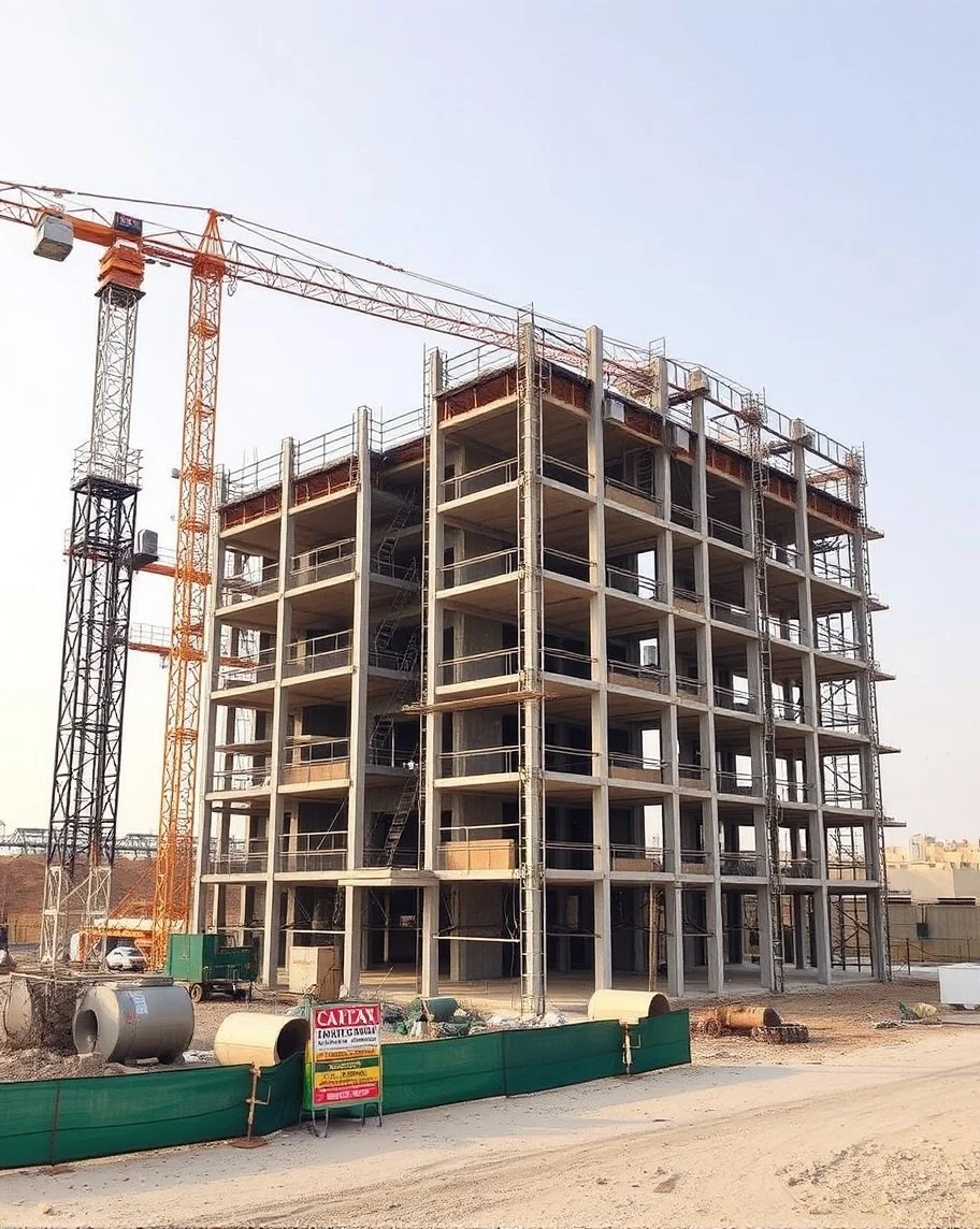 Under construction multi-story building with scaffolding and a tower crane on a construction site.