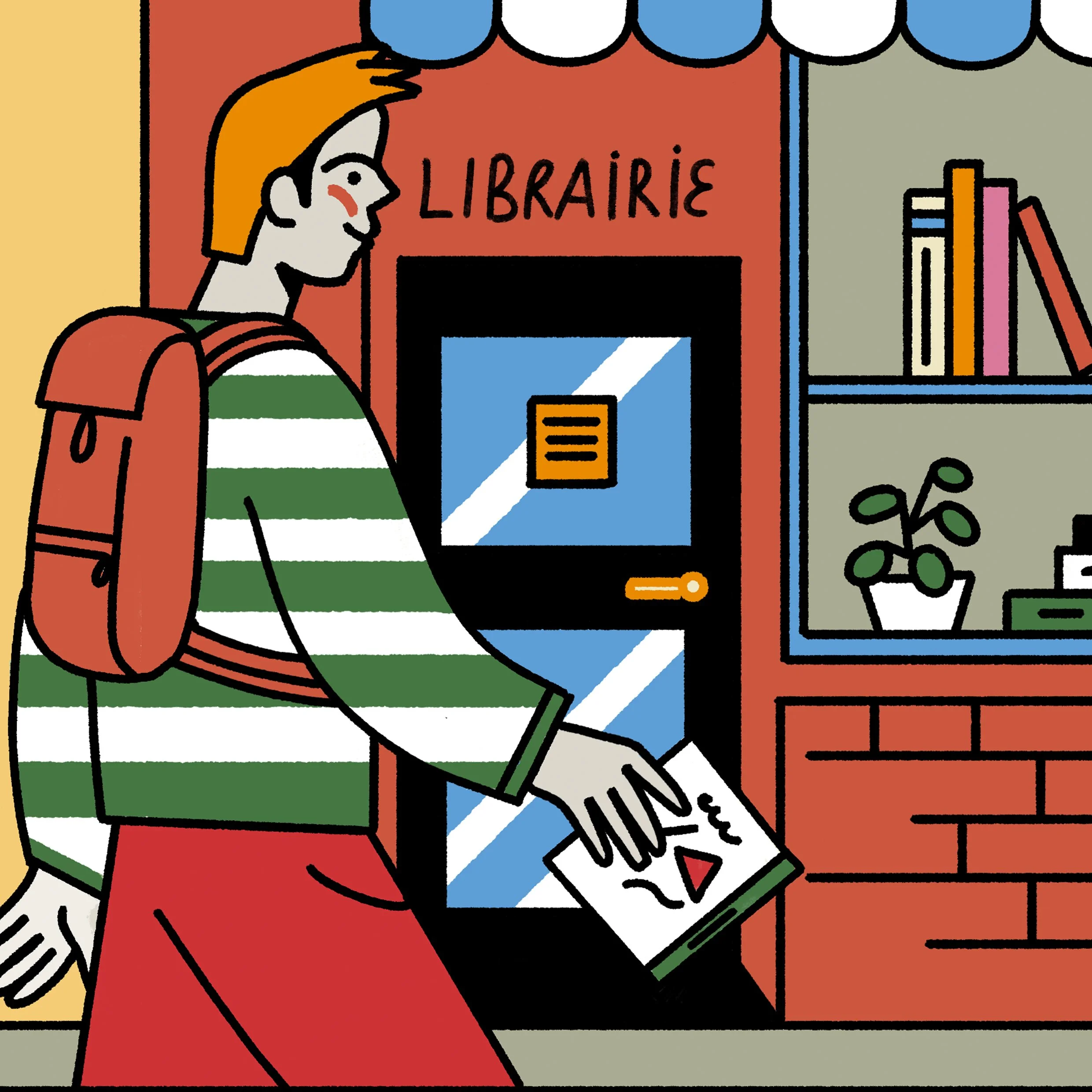 A person in a green and white striped shirt with a red backpack is standing outside a bookstore, holding a book with a play button on the cover. The storefront has a sign that says 'LIBRAIRIE' above the entrance.
