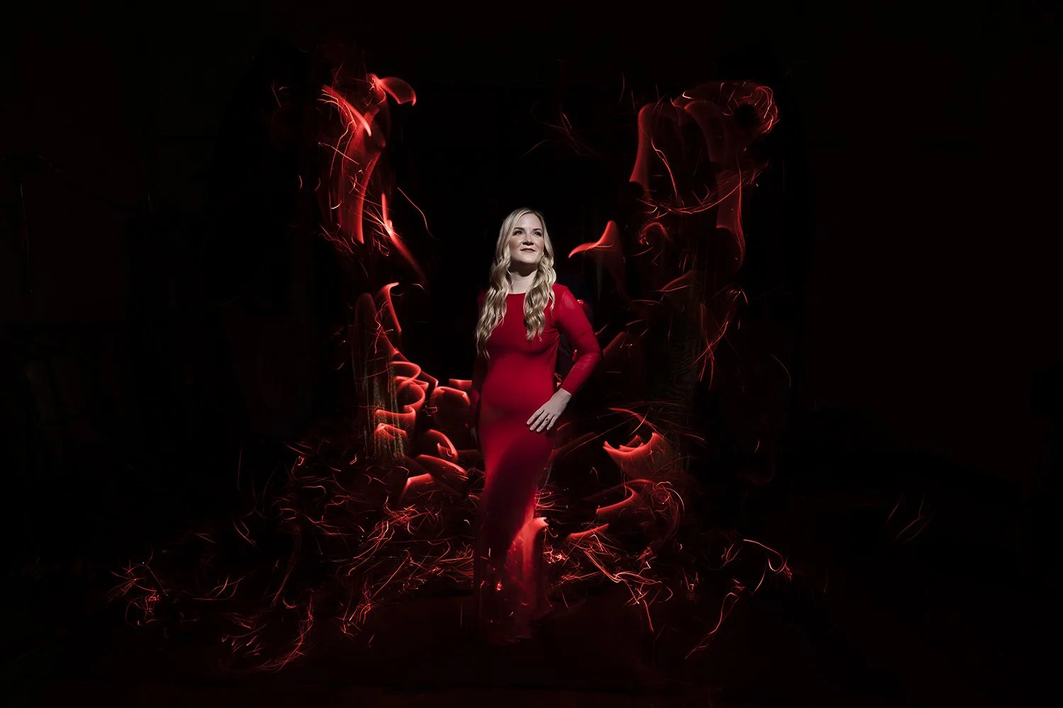 Red dress portrait captured at sunset in Bethlehem PA