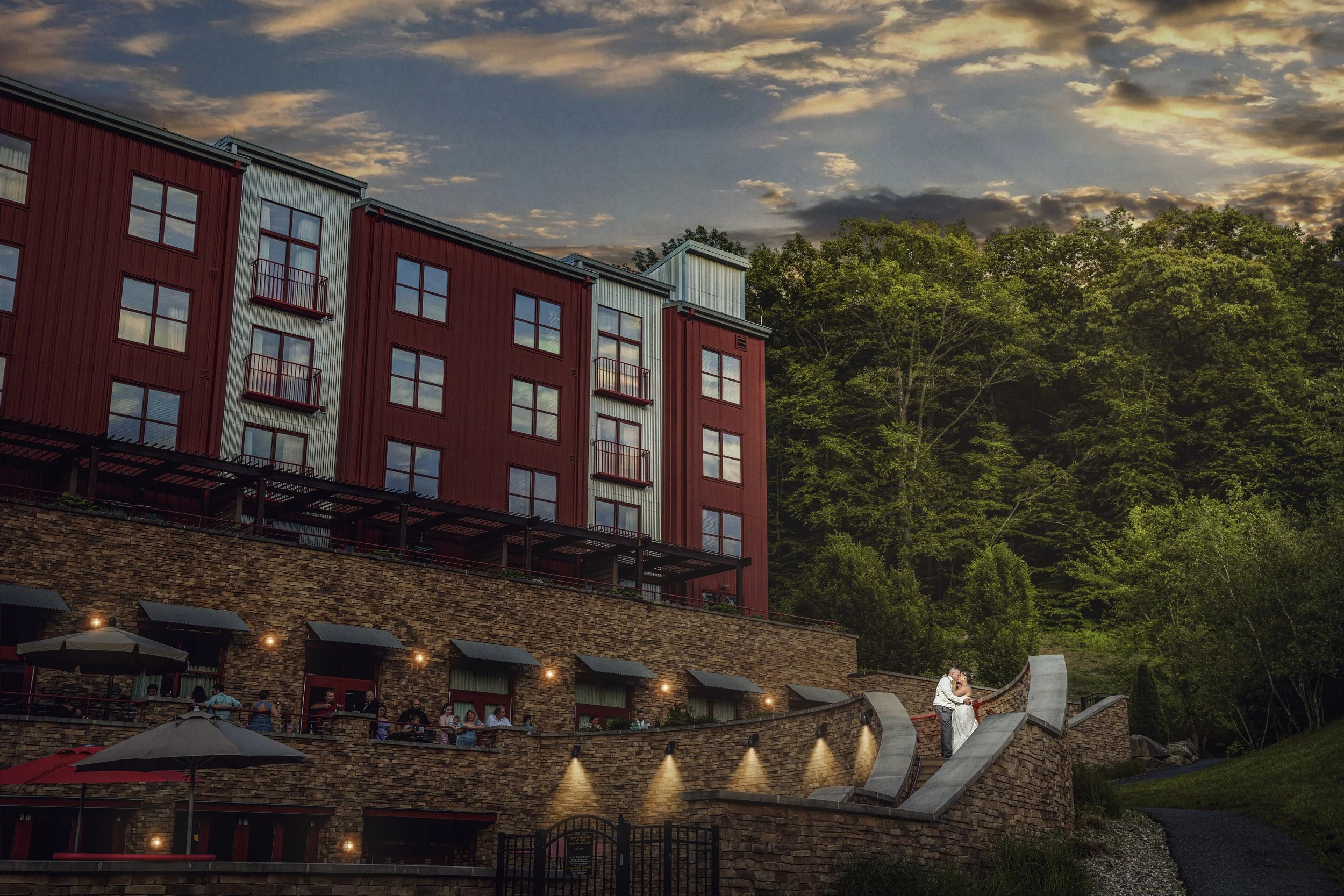 Romantic sunset wedding portrait overlooking Bear Creek Mountain Resort