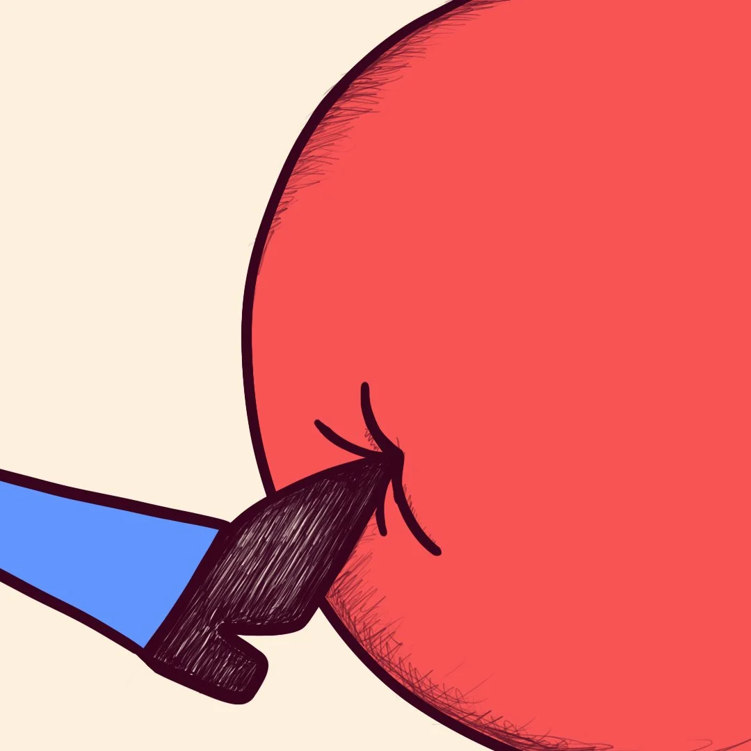 Illustration of a person in a blue outfit kicking a large red circular object.