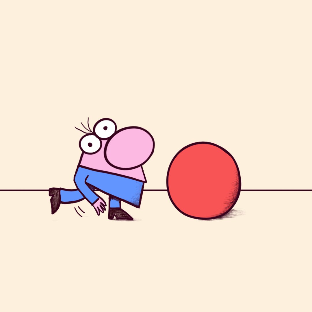 Cartoon character with big nose and eyes, standing near a large red ball on a beige background.