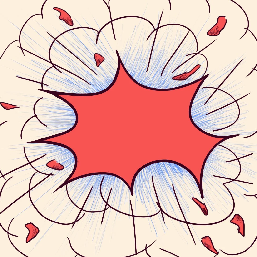 Abstract explosion illustration with red center and blue outlines, featuring scattered red pieces on a beige background.