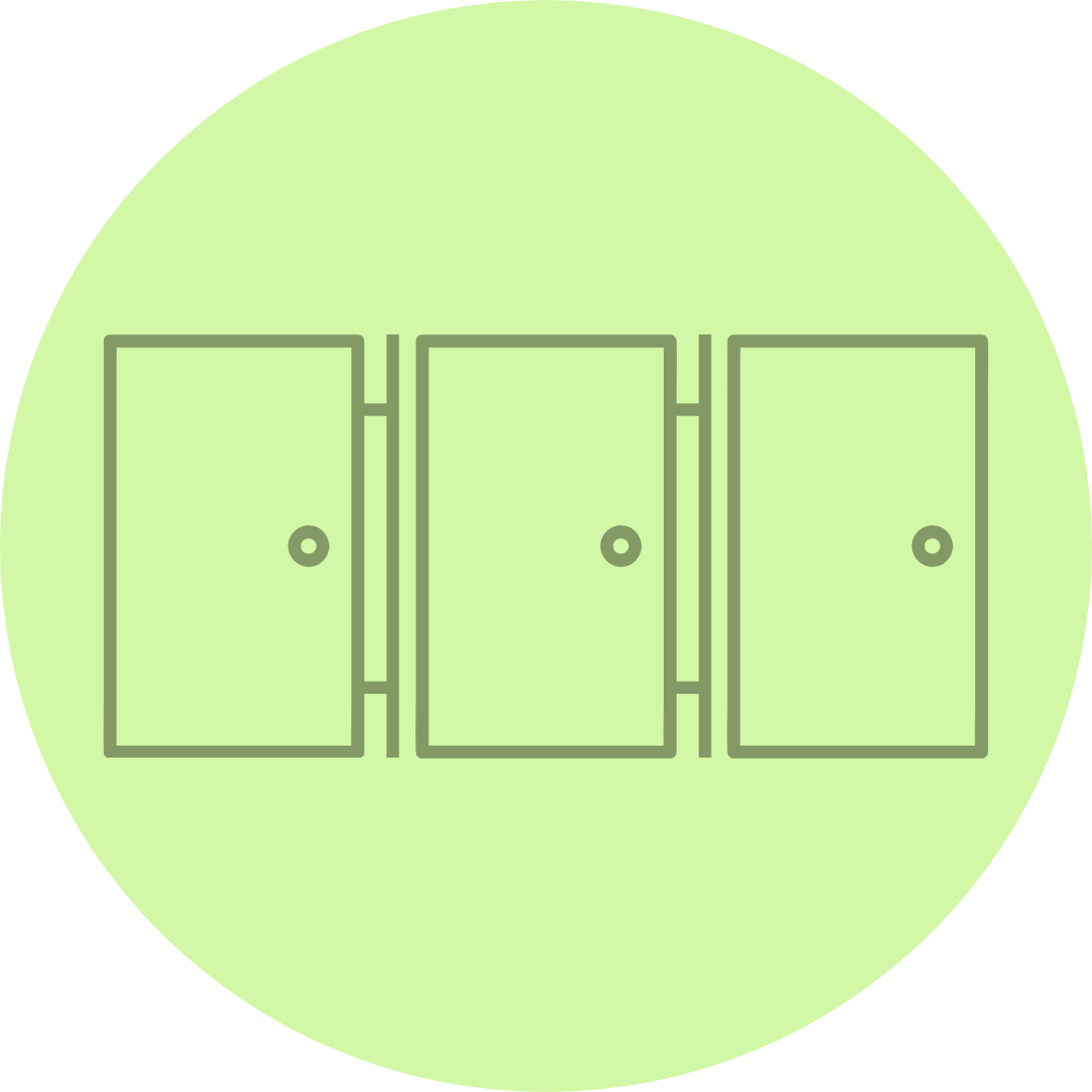 Three closed bathroom stall doors with door handles, in a row on a light green circular background.