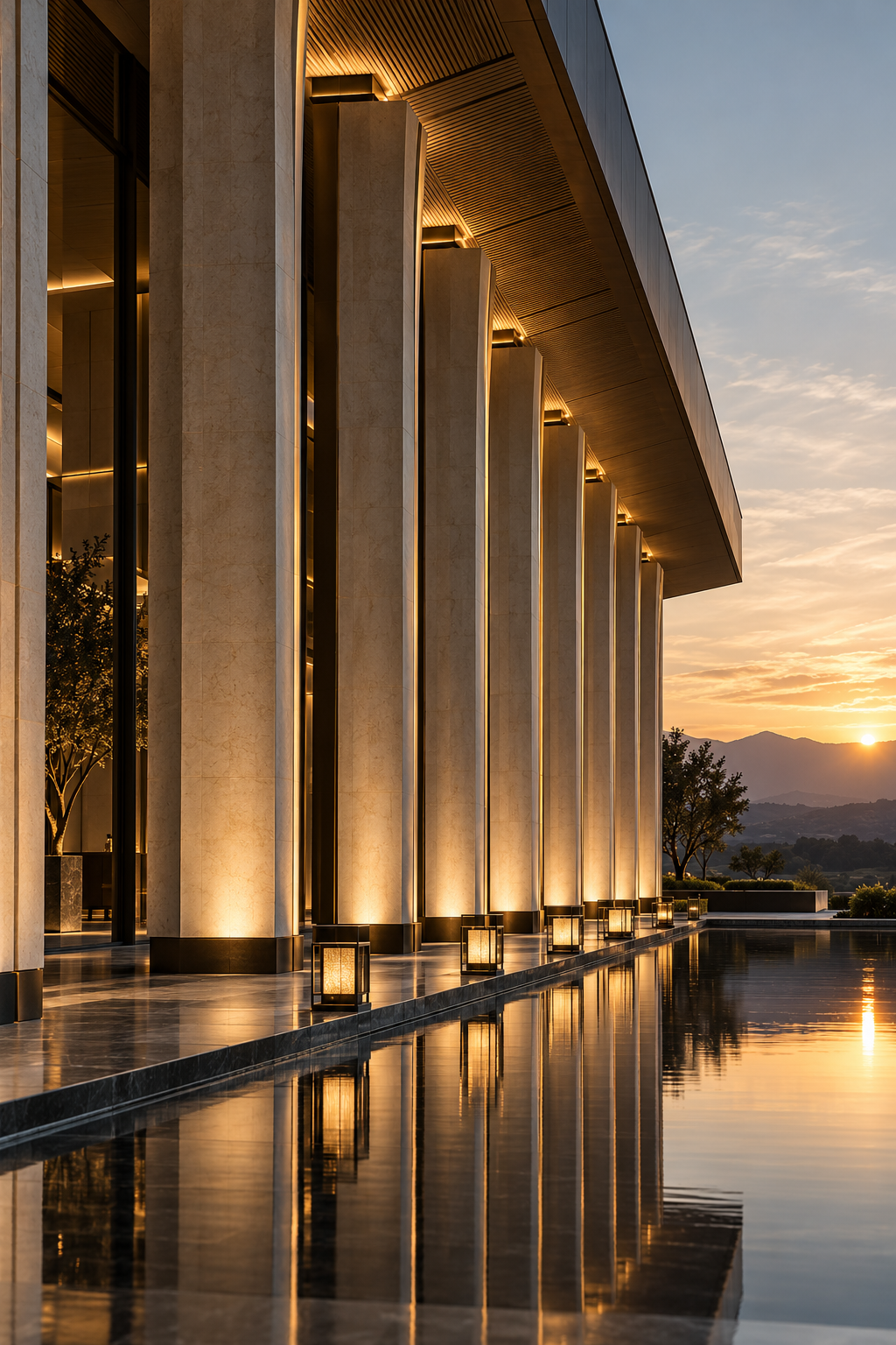 Monumental institutional colonnade with illuminated stone columns, reflective water and a distant sunset landscape.