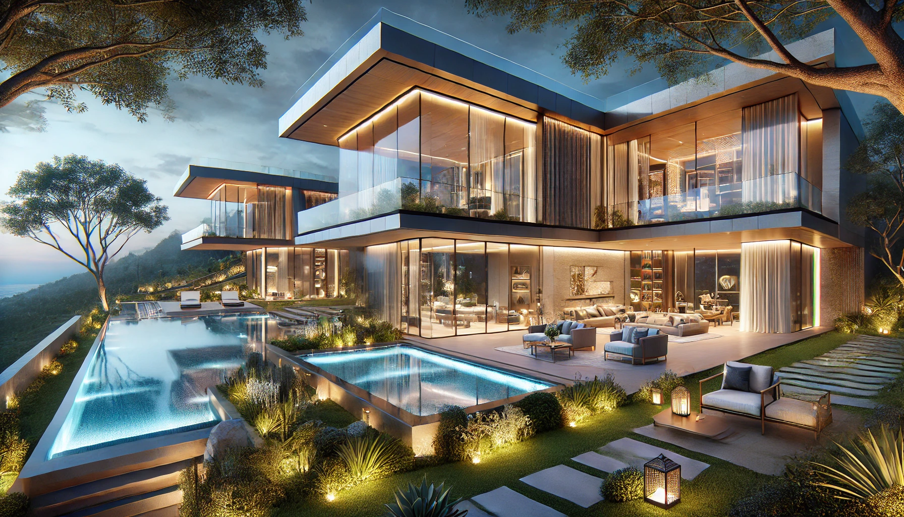 Ultra-luxury contemporary residence overlooking landscaped grounds and golf course in Zimbabwe.