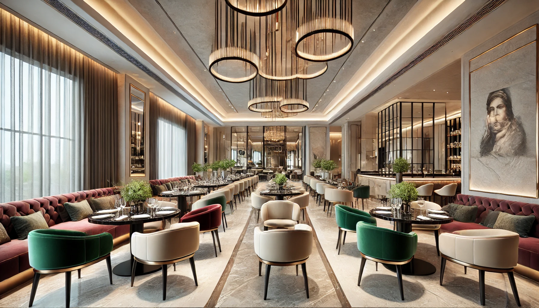 Elegant modern restaurant interior with plush seating, round tables, and chic lighting fixtures. Large windows with sheer curtains and artwork on the walls add to the upscale ambiance.