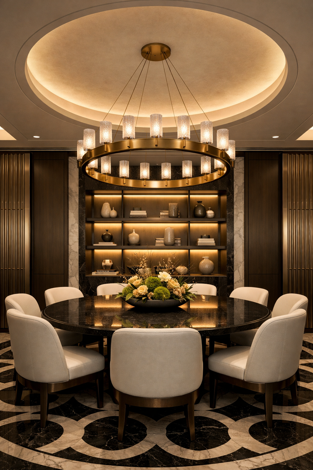 Elegant luxury dining room featuring a large marble round table