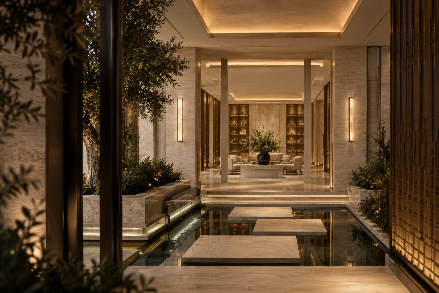 Serene healthcare environment featuring a refined architectural courtyard, reflective water feature, natural planting and tranquil reception space, representing holistic wellbeing, restorative care and human-centred health excellence.