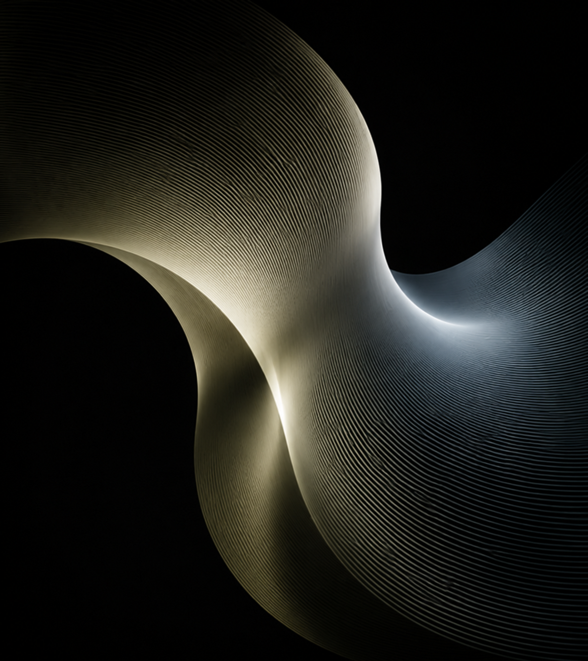 Abstract sculptural composition of flowing architectural forms with intricate linear textures and dramatic illumination, representing creative expression, cultural formation and the transformative power of media.