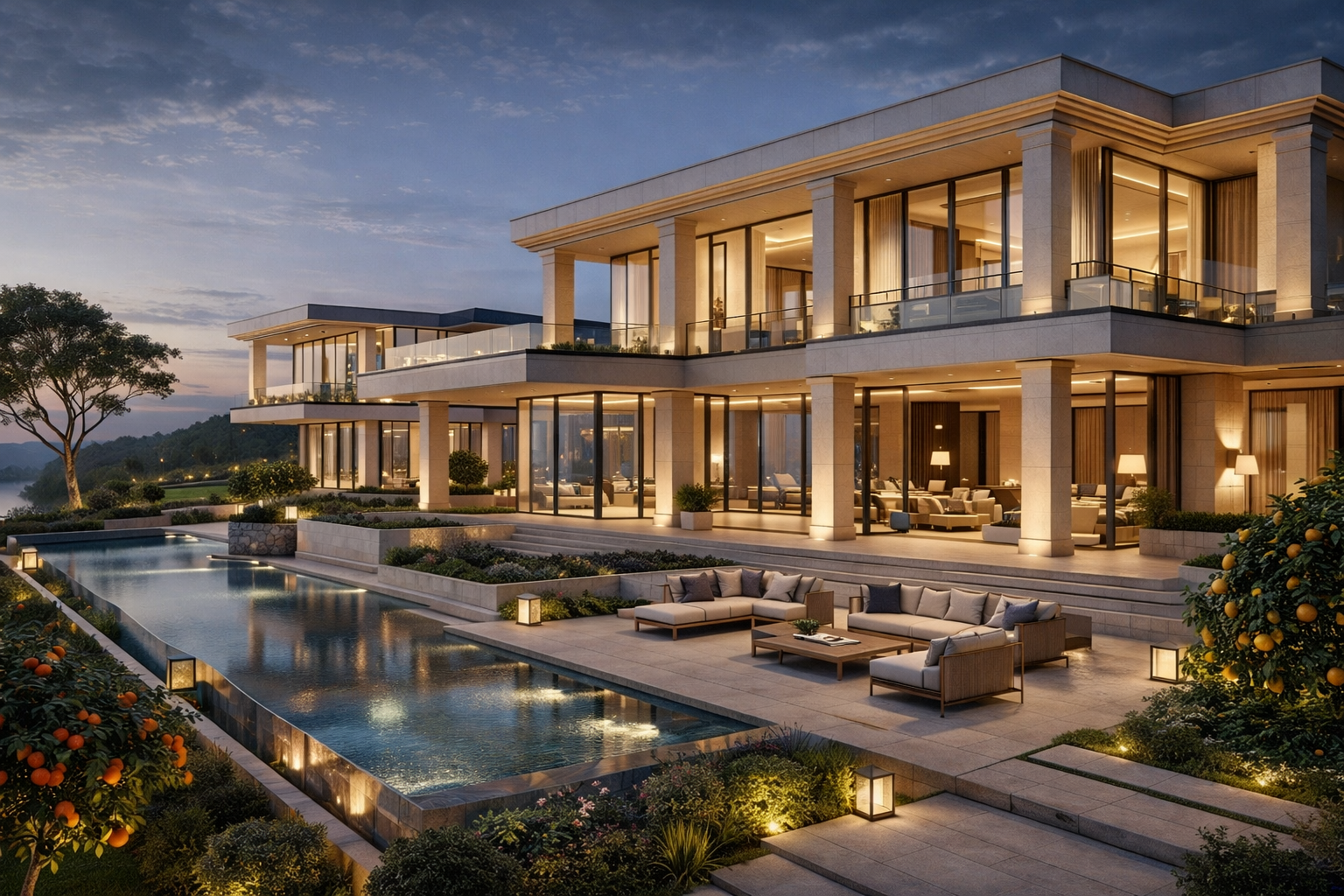 Luxury modern house with large glass windows, outdoor seating area, and swimming pool at dusk, surrounded by landscaped garden and orange trees.