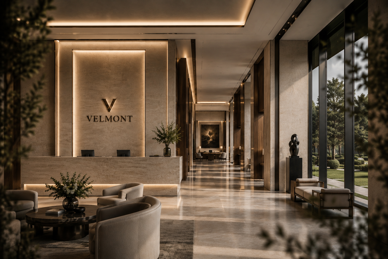 Refined technology and financial institution interior with modern architectural design representing digital infrastructure, innovation and trusted services by T&M Tech.