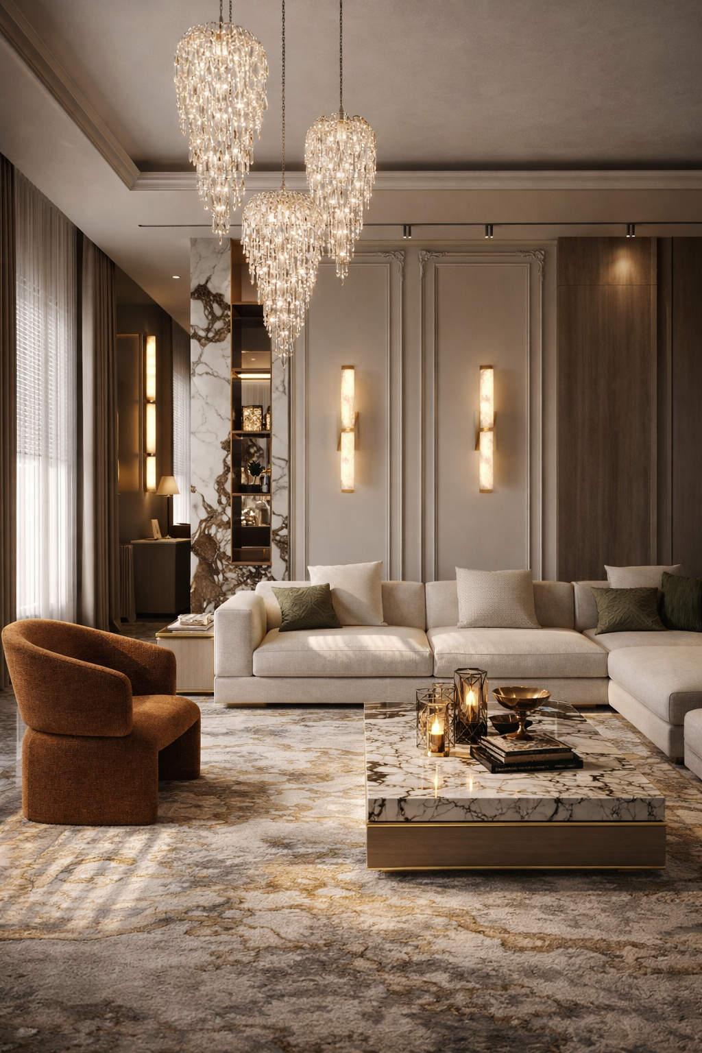 Elegant luxury interior with contemporary architecture, natural light, and refined materials