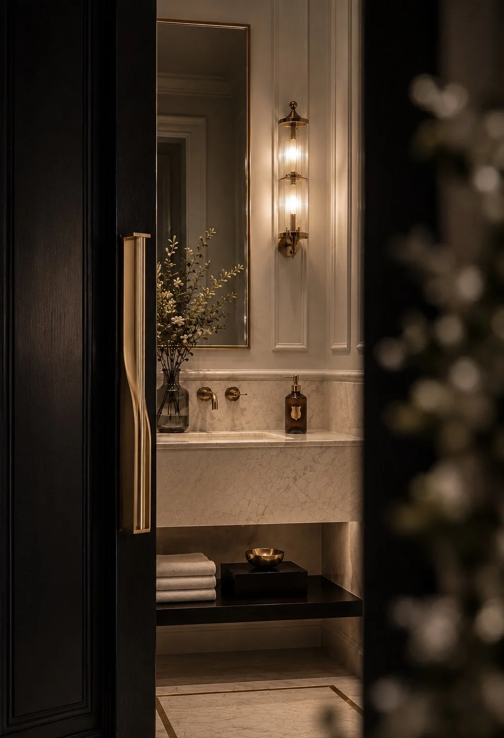 Elegant residential interior with marble, brass detailing and refined craftsmanship representing T&M Land’s architectural mandate for timeless places.