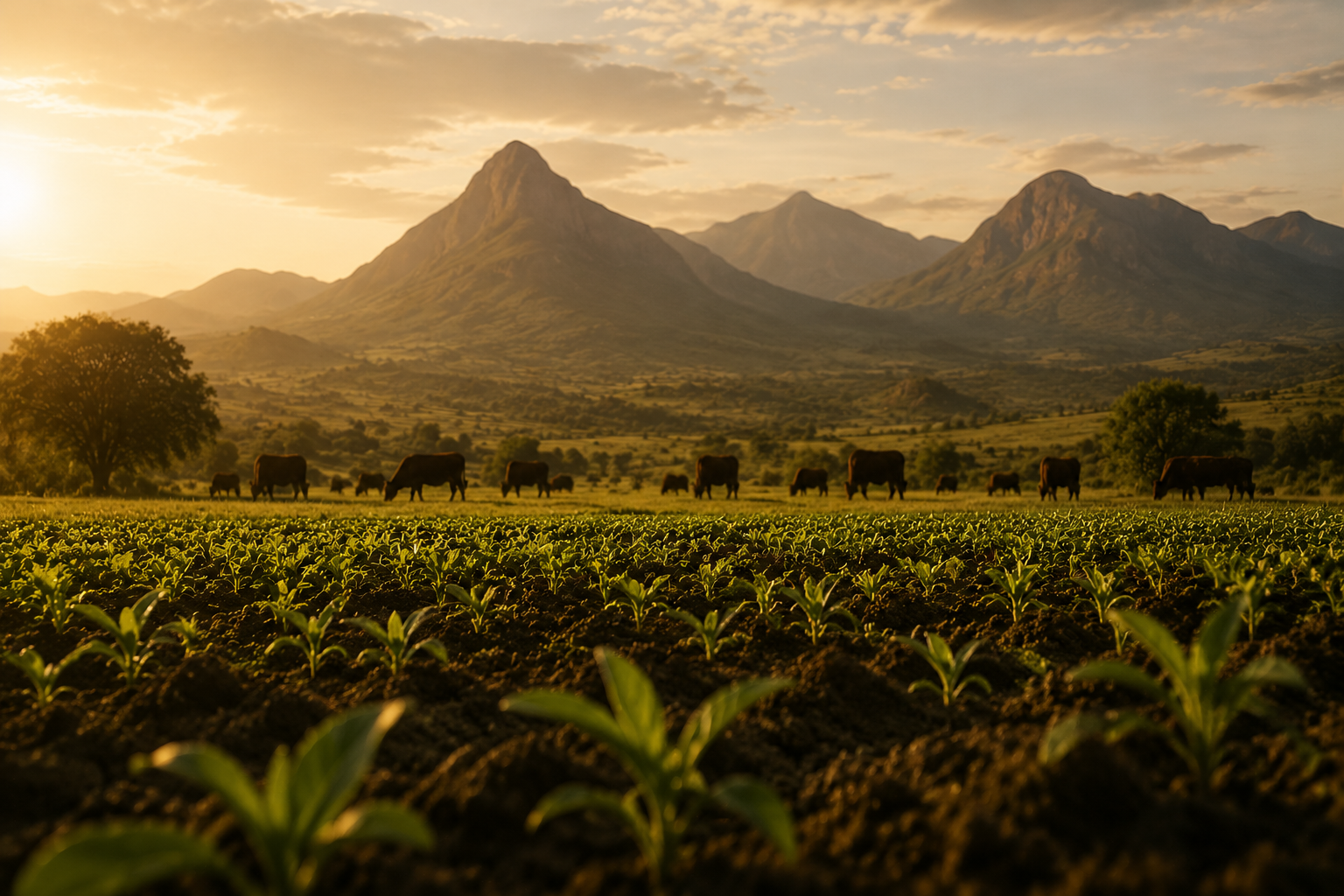 Cultivated agricultural fields extending towards a mountainous landscape at sunrise, illustrating regenerative farming, productive land stewardship and the enduring relationship between cultivation, nature and abundance.