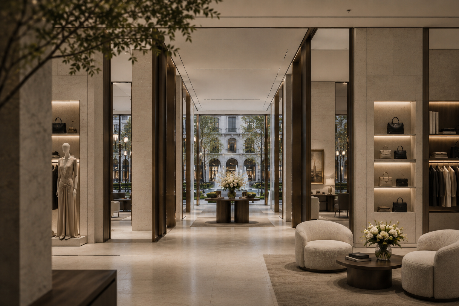Elegant retail interior with curated fashion displays, architectural detailing and refined materials representing timeless craftsmanship and exceptional retail experiences by T&M Retail.
