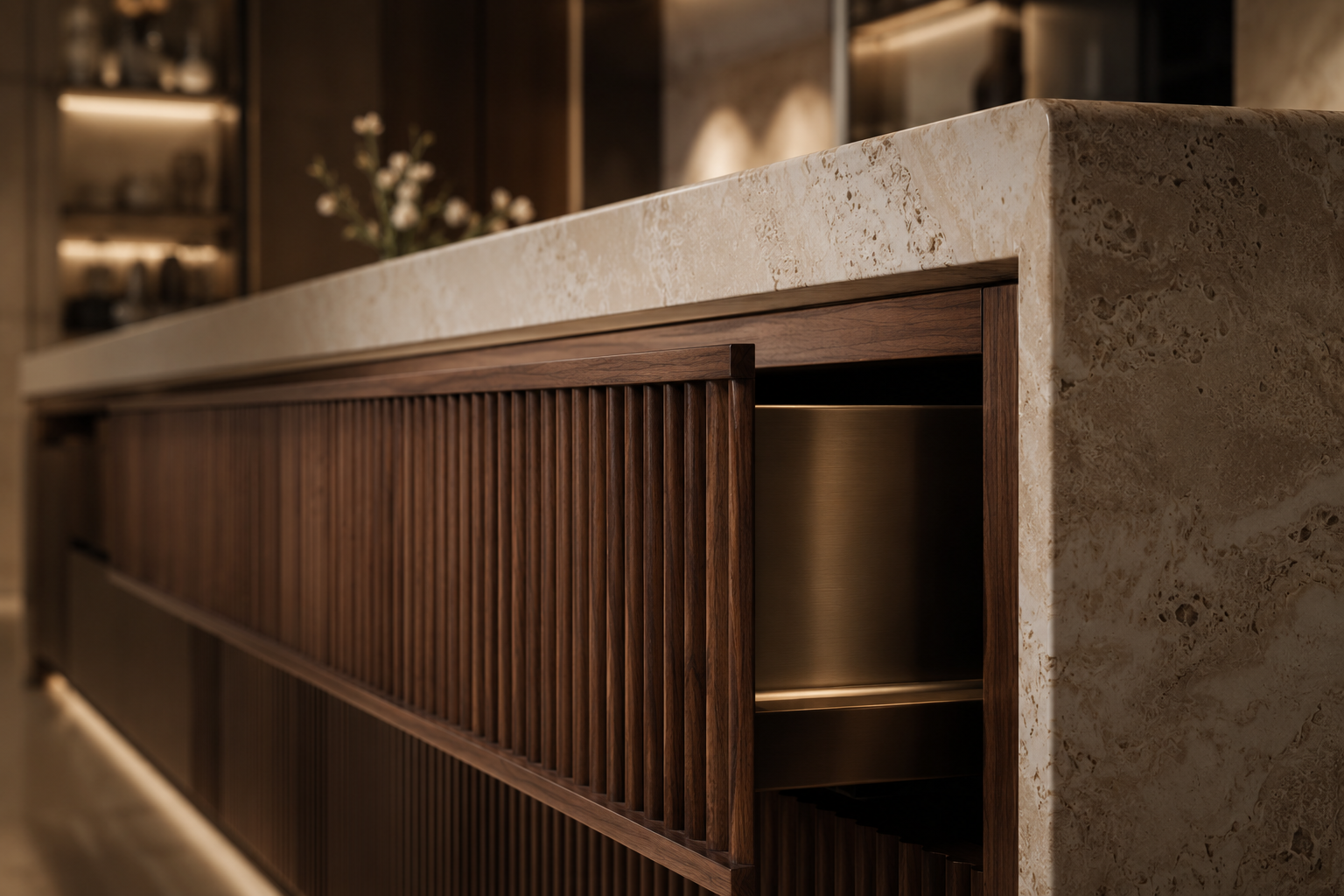 Precision-crafted architectural interior detail featuring custom timber millwork, natural stone surfaces and refined material craftsmanship, representing advanced manufacturing, skilled production and enduring industrial excellence.