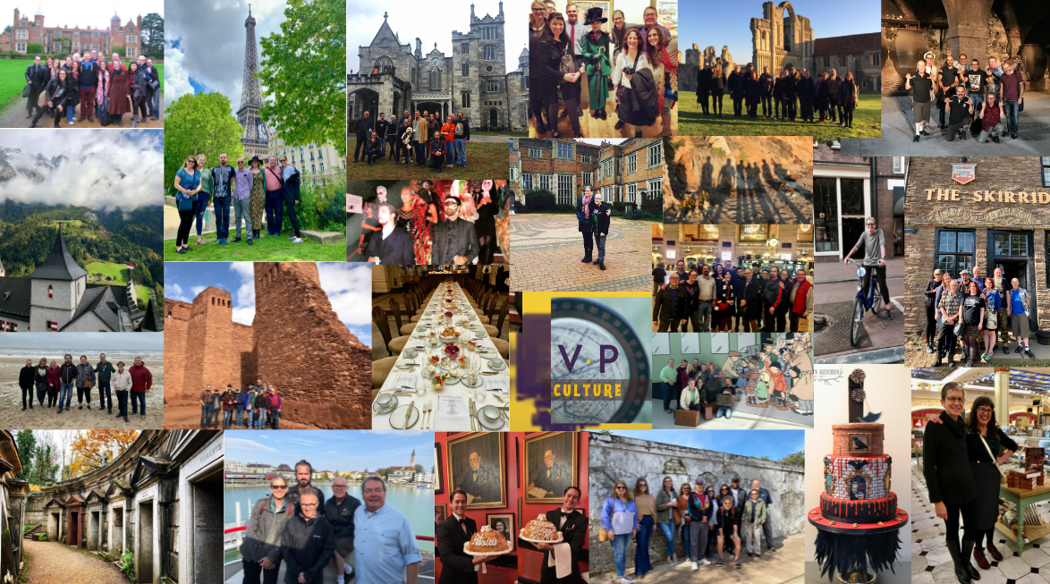 A collage of various group photos and landmarks from trips, including historical sites, indoor dining setups, celebrations, and cultural venues.