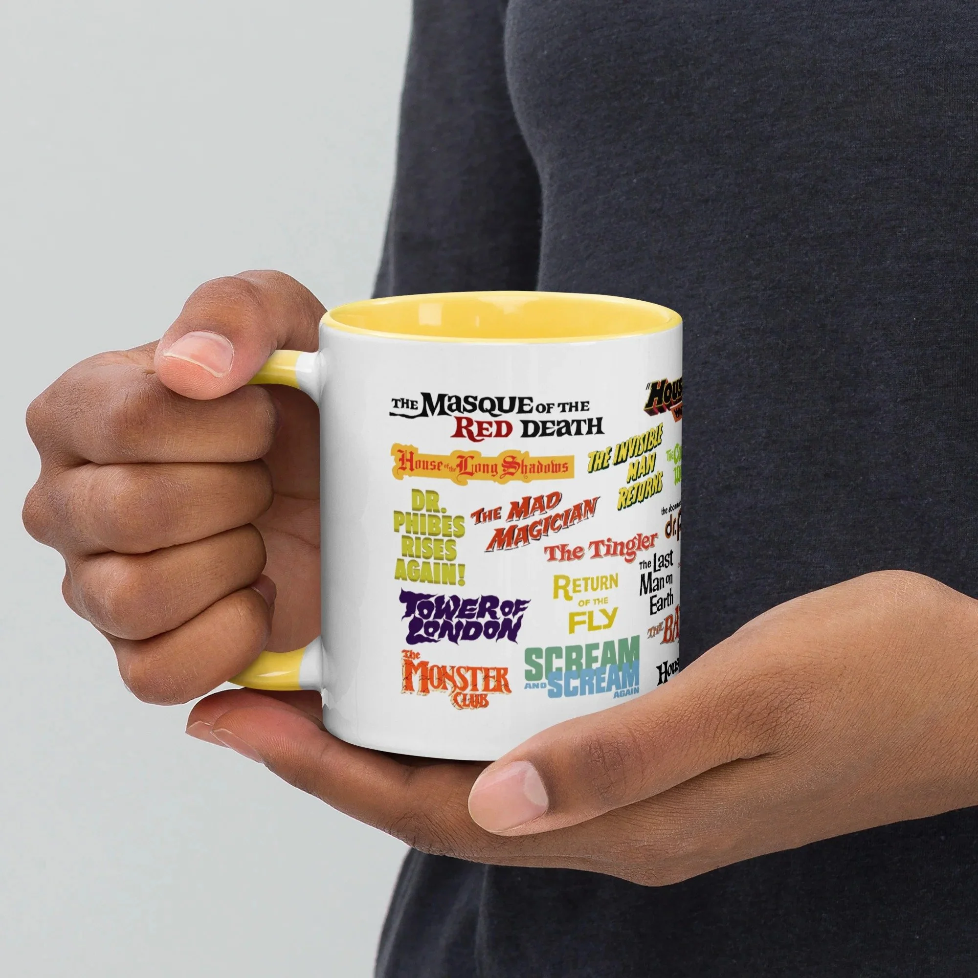 Add a splash of color to your morning coffee or tea ritual! These sturdy ceramic mugs have been designed exclusively for the official Vincent Price website. Dishwasher and microwave safe, they feature 30 classic horror and sci-fi film titles from the