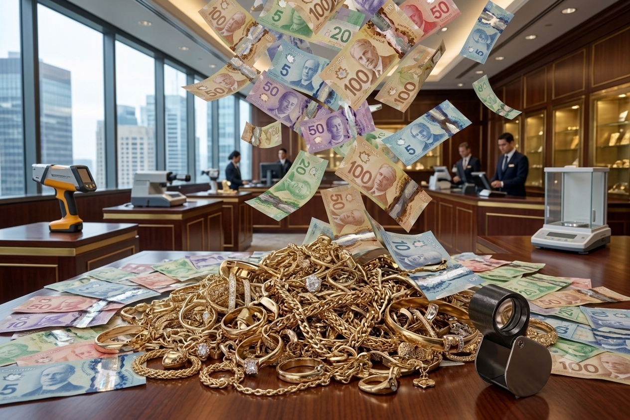  gold Jewelry on the table, with a background of molten gold being poured from a crucible on the left side. Text in the center says 'We buy gold Jewelry'.