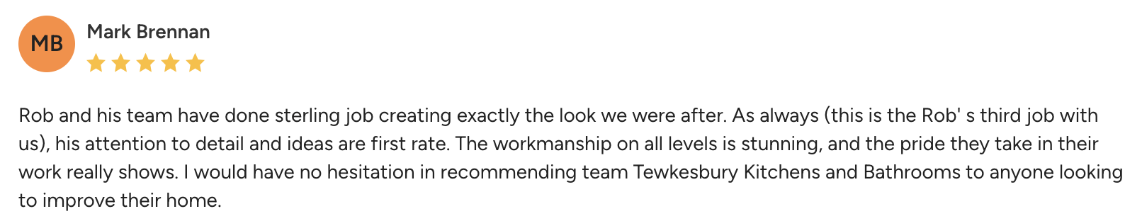 Customer review of Tewkesbury Kitchens and Bathrooms praising their craftsmanship and attention to detail.