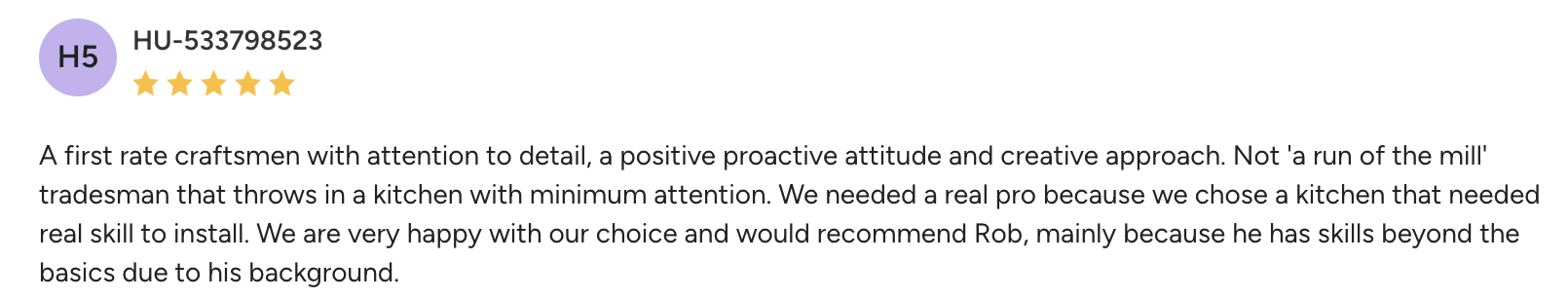 Review with five gold stars and customer comment