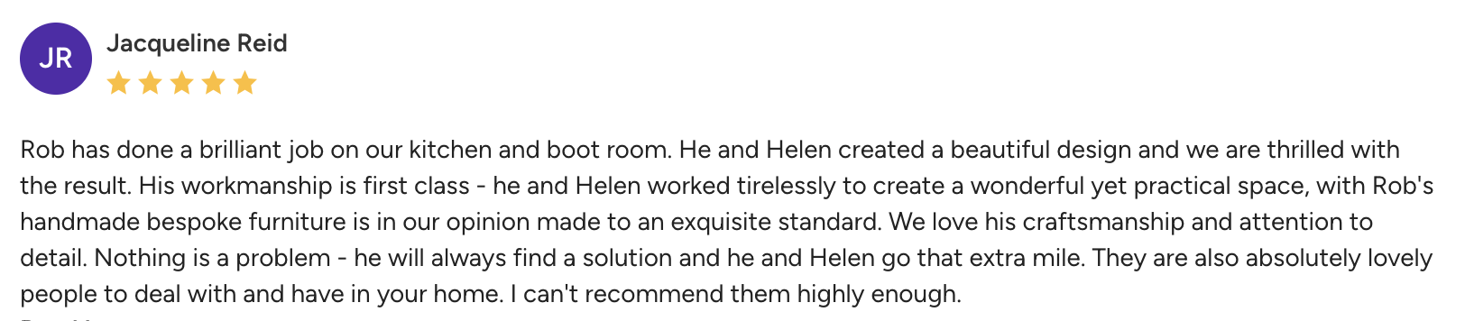 Customer review with five stars for a kitchen and boot room renovation by Jacquline Reid, praising Rob and Helen for their craftsmanship and design.