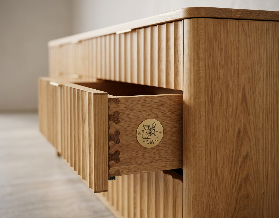 Close-up of a wooden drawer partially open from a modern wooden dresser with vertical slats on the front and a gold logo bearing a mythical creature and the text "Tewkesbury House".