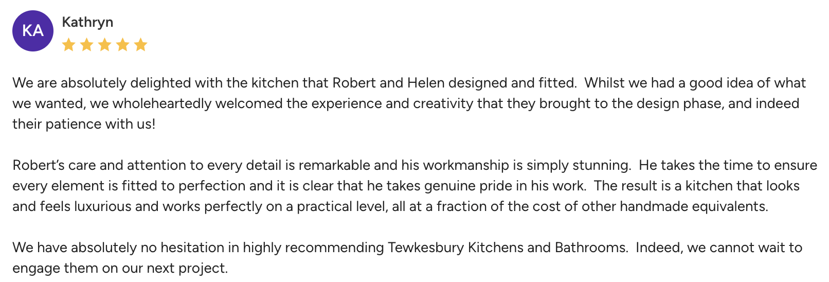 Customer review praising Tewkesbury Kitchens and Bathrooms, mentioning their satisfaction with the kitchen design, craftsmanship, and attention to detail.