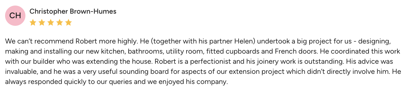 Review for Christopher Brown-Humes with five stars.