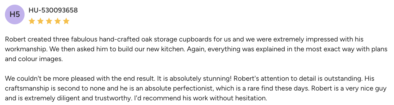 Review with five stars and a description praising a craftsman's woodworking work on oak storage cupboards for a kitchen.