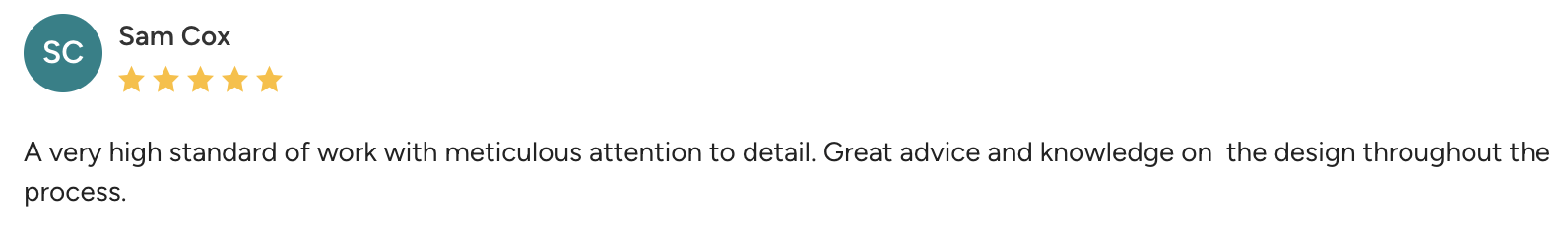 Five-star review of Sam Cox with a comment praising high-quality work and attention to detail.