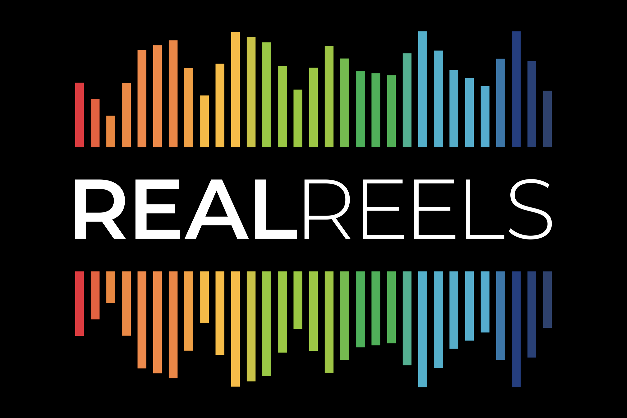 Colorful vertical bars forming a rainbow gradient with the text 'REAL REELS' underneath on a black background.