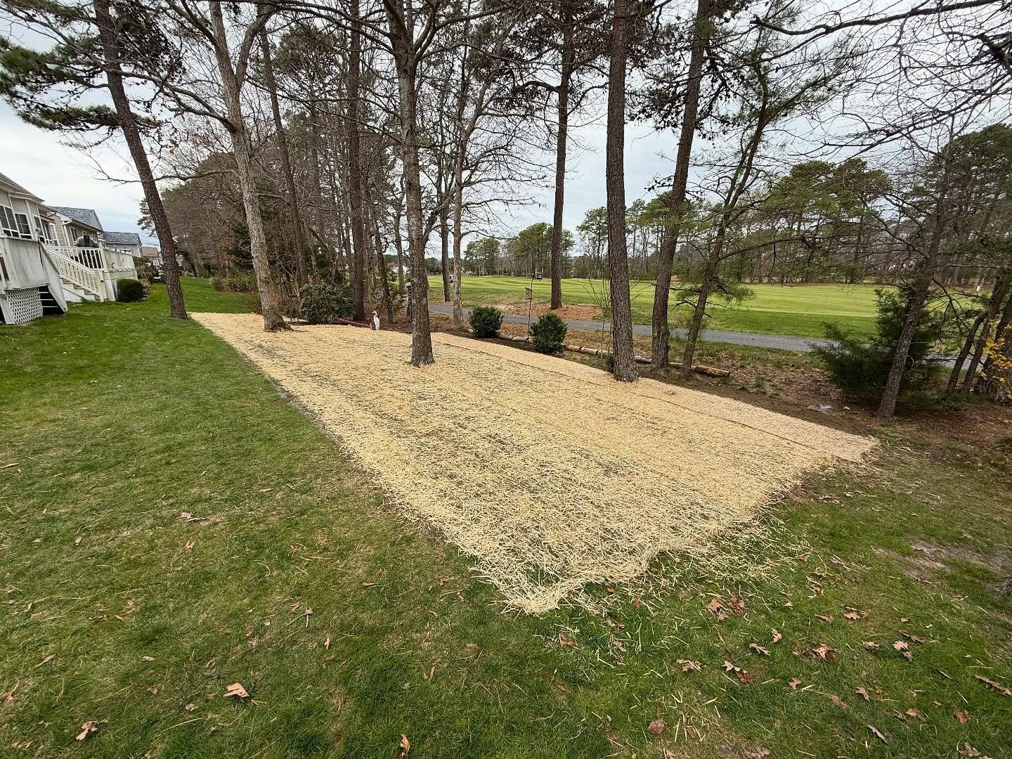 12 yards of topsoil leveled, seeded, and matted because the golf course is flooding in the yard out