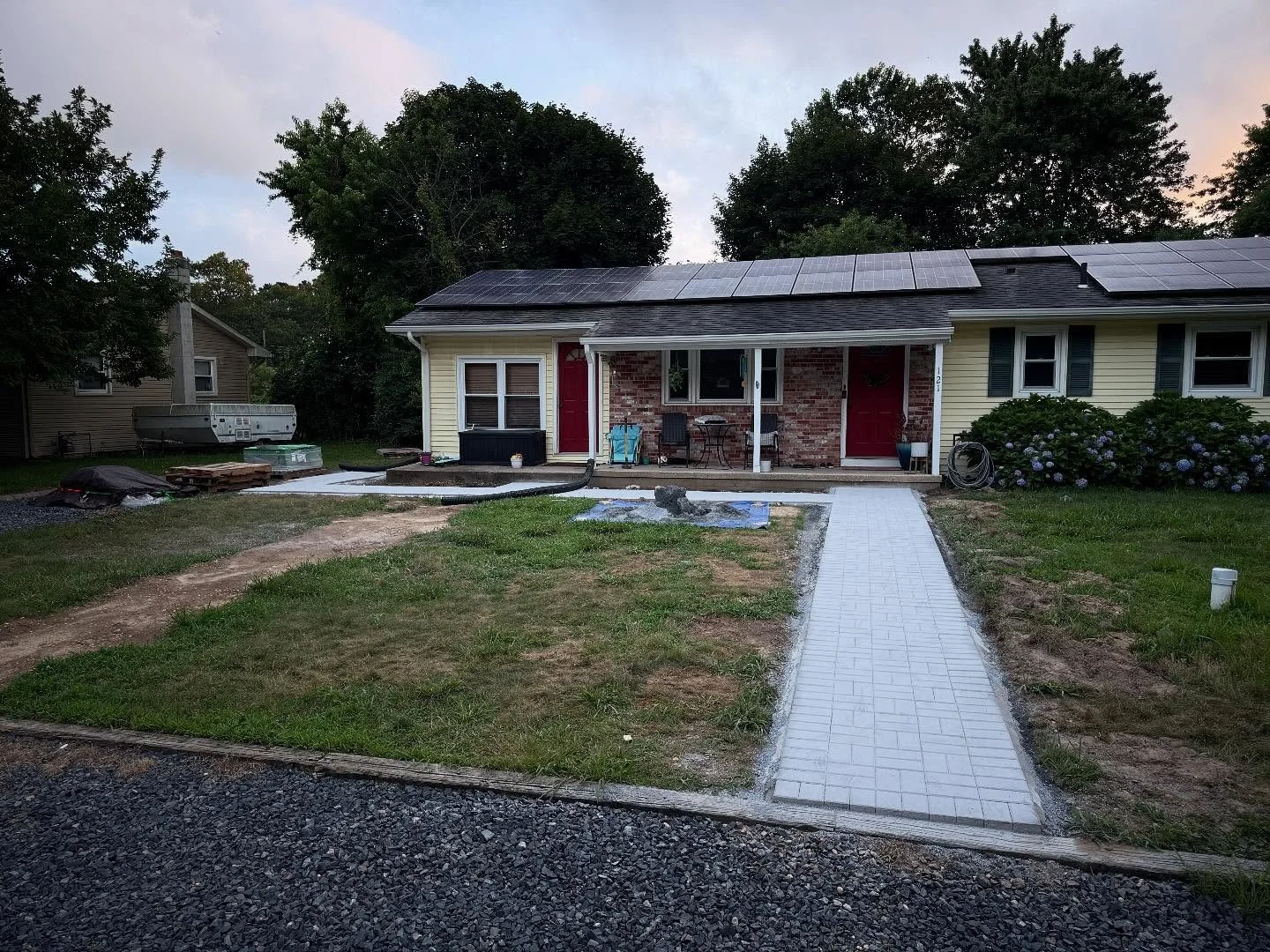 Paver walkway just finished and brushed in with stone dust&hellip;irrigation just installed&hellip;sod to come!